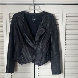 Trouvé Black 100% Leather Moto style Jacket Sz S quilted shoulders zip front